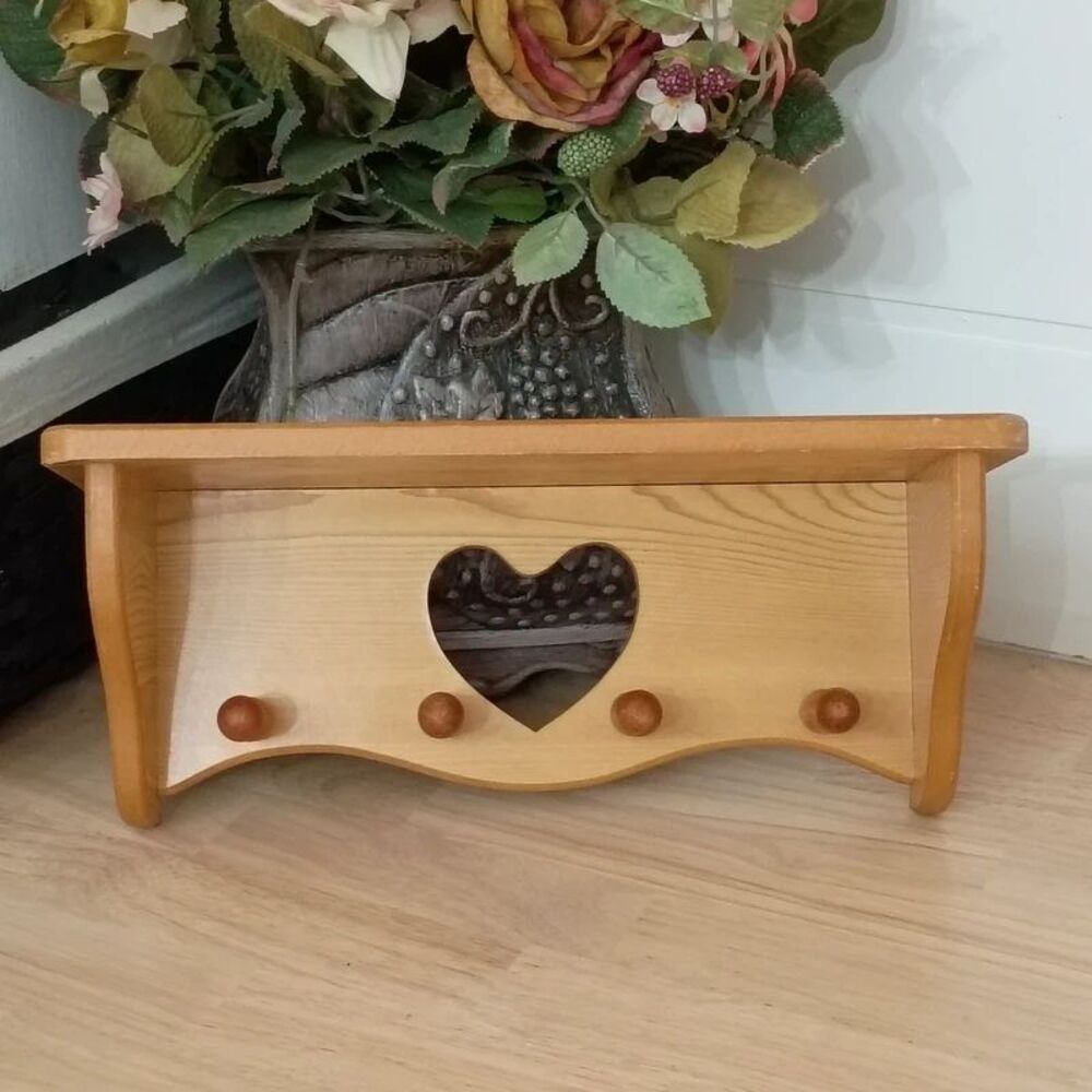 Vintage 13.5" Wooden Shelf Cutout Heart & Peg Hangers